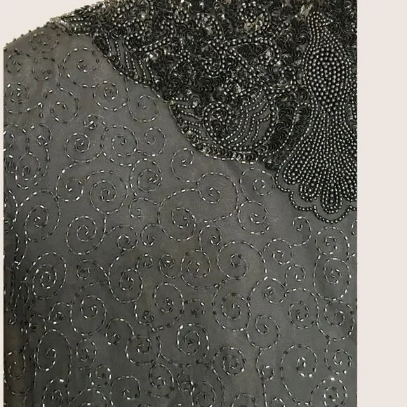🖤 VTG 80s NITELINE DELLA ROUFOGALI SILK BEADED BLAZER JACKET BLACK XL - Picture 3 of 4